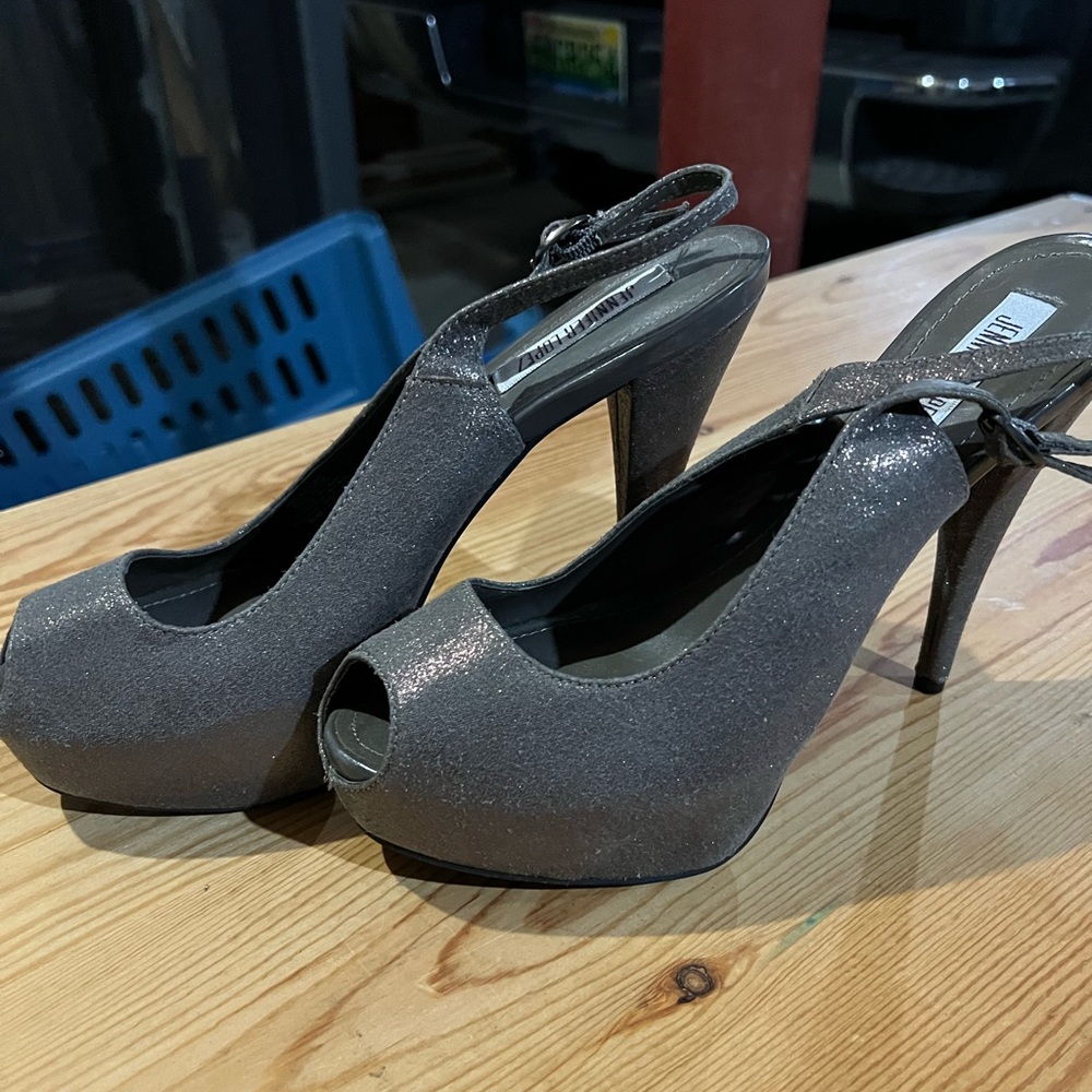 Gray peep-toe high heels
